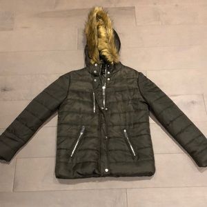 Olive green puffer jacket with faux fur-lined hood